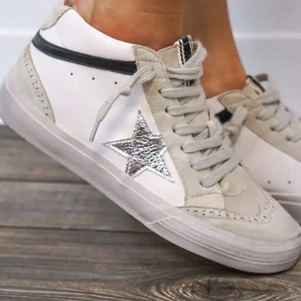 ShuShop Women's White and Silver Star Sneakers